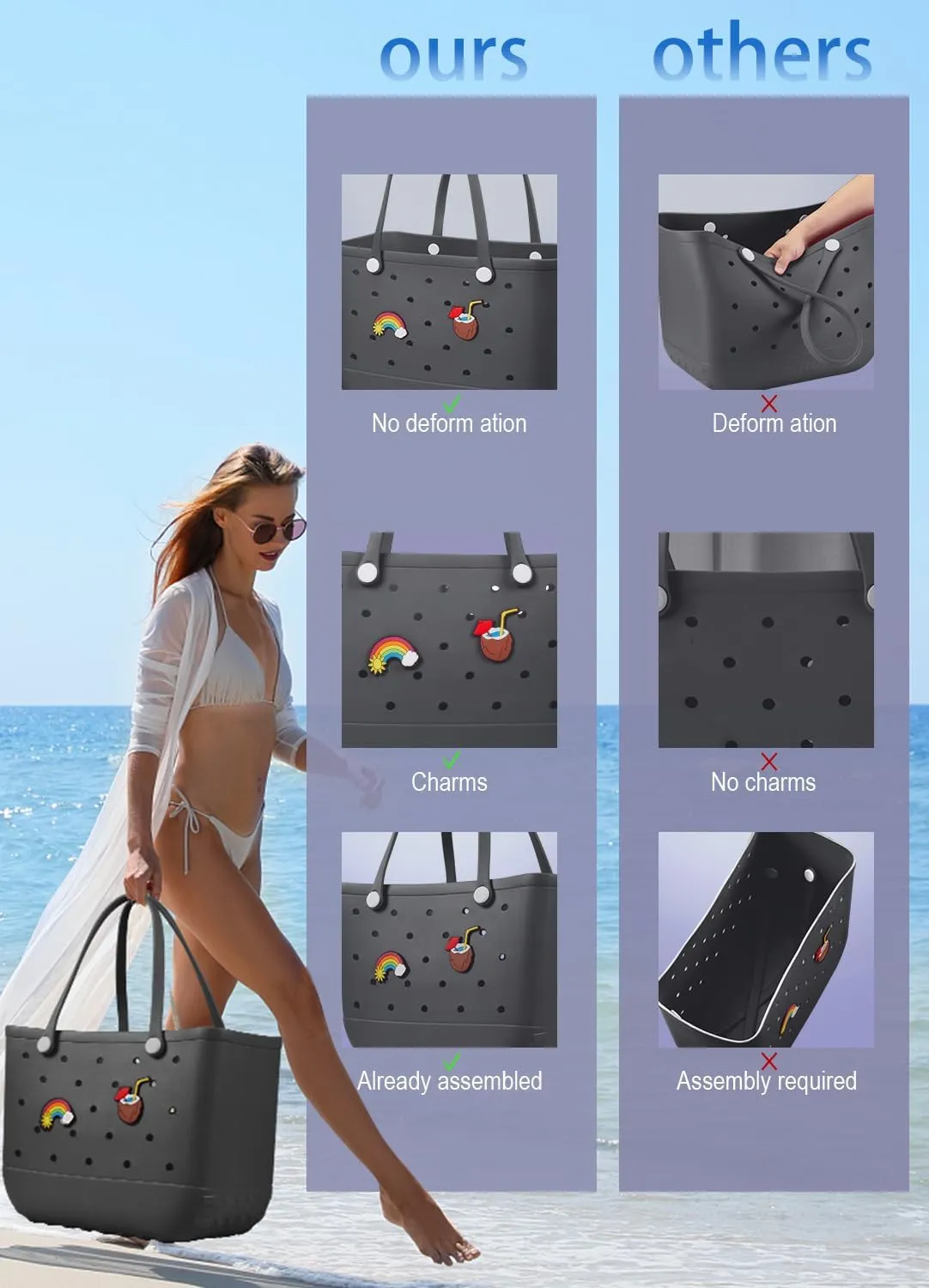 Beach Bag Rubber Tote Bag - Waterproof Travel Bag for Women Washable Tote Bag Handbag for Sports Beach Market Pool