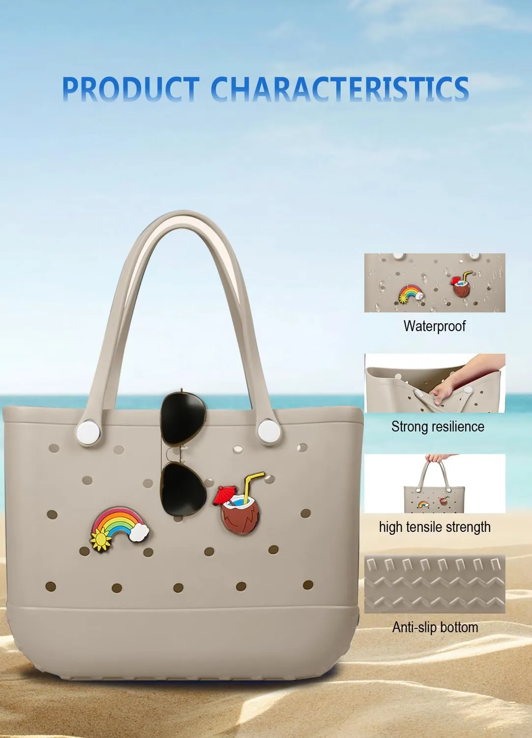 Beach Bag Rubber Tote Bag - Waterproof Travel Bag for Women Washable Tote Bag Handbag for Sports Beach Market Pool