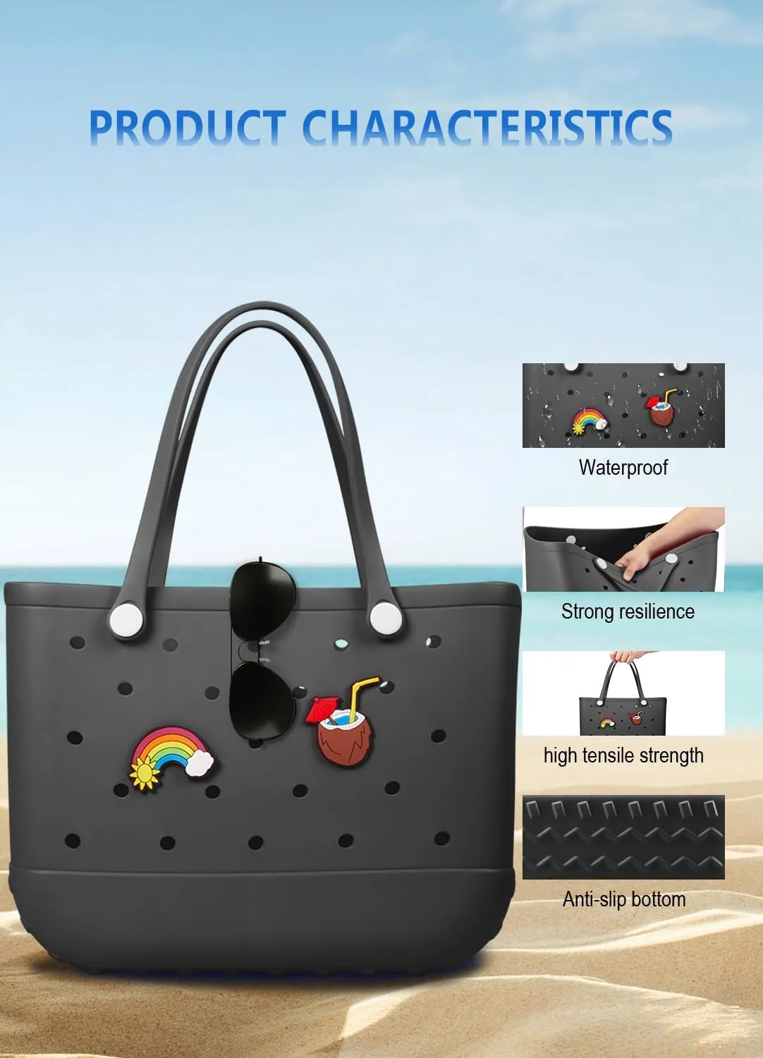 Beach Bag Rubber Tote Bag - Waterproof Travel Bag for Women Washable Tote Bag Handbag for Sports Beach Market Pool