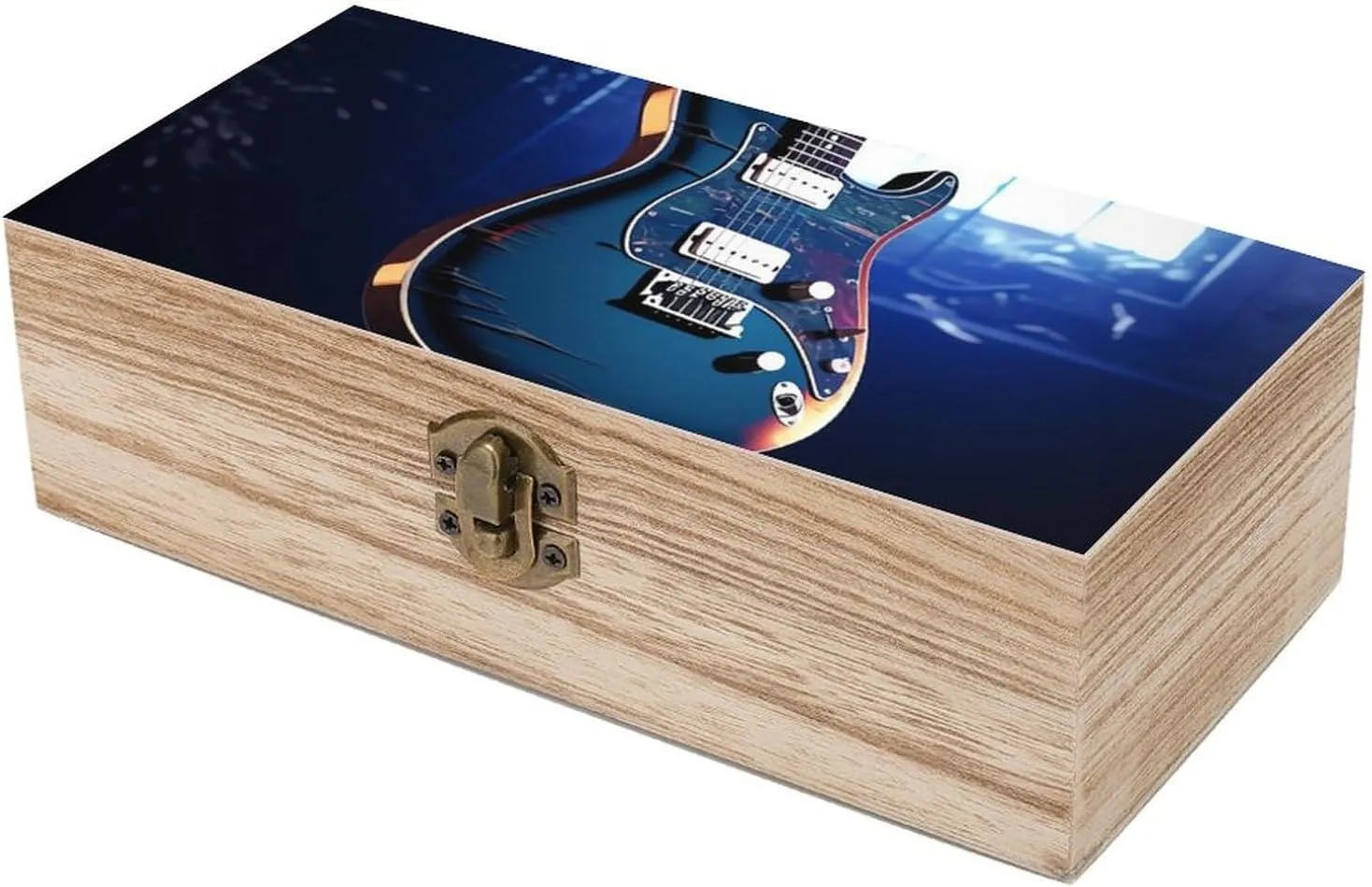 Blue Guitar Wooden Decorative Storage Box with Hinged Lock, Handmade Keepsake Jewelry Chest, Elegant Retro Decor Boxes, Compact Organizer Box for Home, Wedding, Gifts