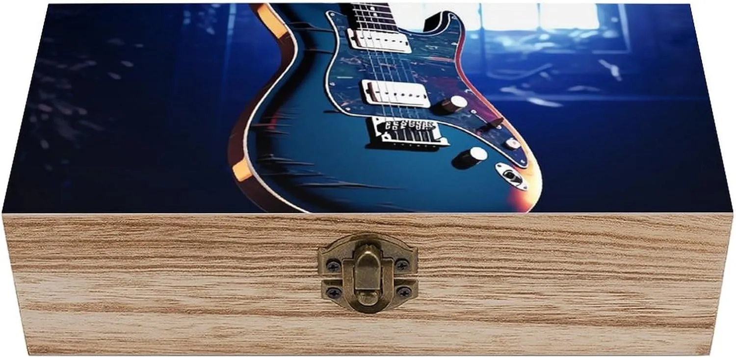 Blue Guitar Wooden Decorative Storage Box with Hinged Lock, Handmade Keepsake Jewelry Chest, Elegant Retro Decor Boxes, Compact Organizer Box for Home, Wedding, Gifts