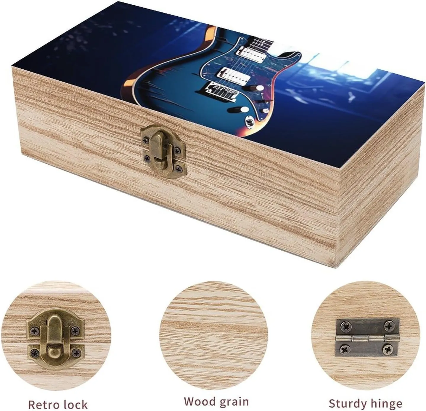Blue Guitar Wooden Decorative Storage Box with Hinged Lock, Handmade Keepsake Jewelry Chest, Elegant Retro Decor Boxes, Compact Organizer Box for Home, Wedding, Gifts