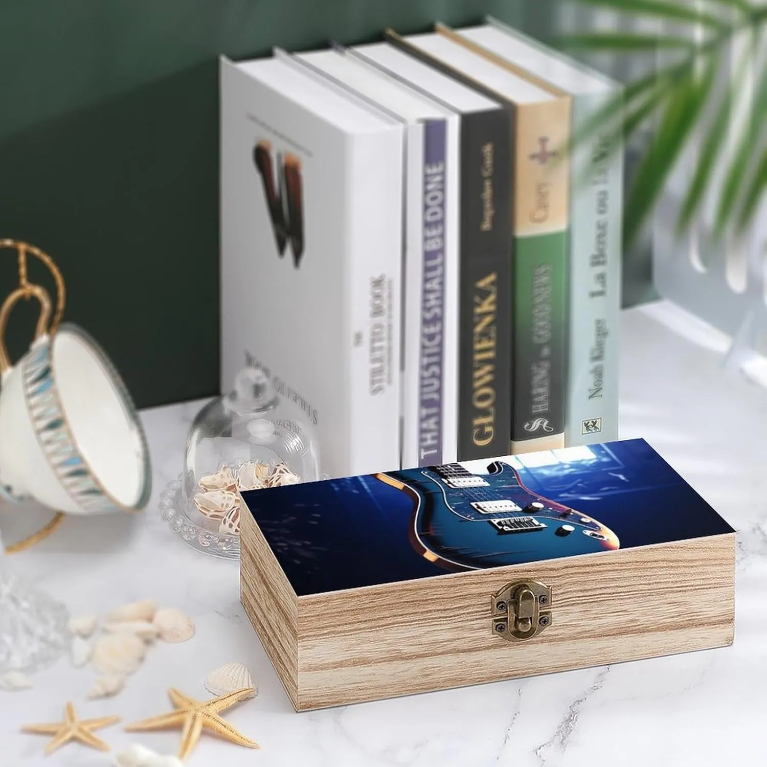 Blue Guitar Wooden Decorative Storage Box with Hinged Lock, Handmade Keepsake Jewelry Chest, Elegant Retro Decor Boxes, Compact Organizer Box for Home, Wedding, Gifts