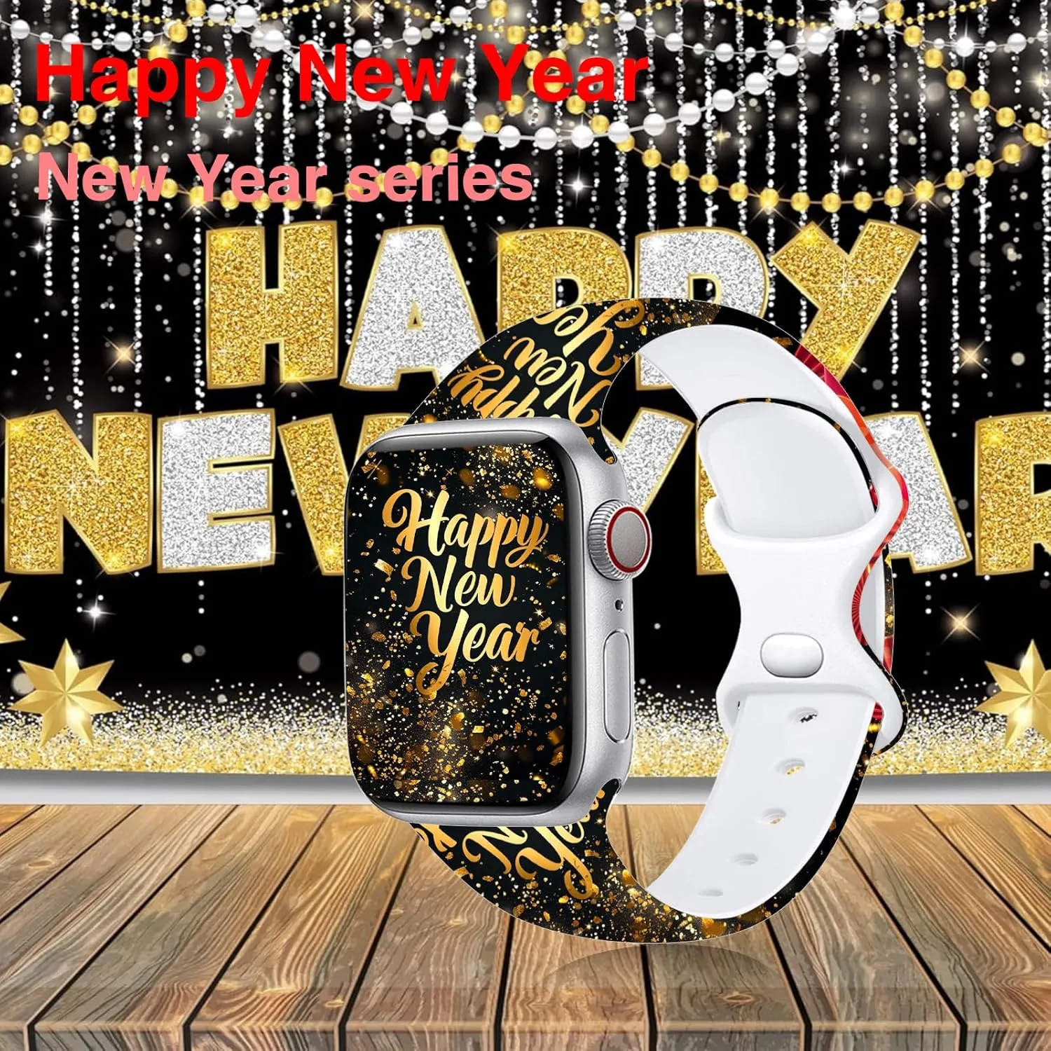 Chic Breathable Happy New Year Pattern Bands Compatible with Apple Watch 38mm 40mm 41mm 42mm 44mm 45mm 46mm 49mm, Adjustable Soft Silicone Sports Wristband Strap Replacement for iWatch Ultra SE & Series 10/9/8/7/6/5/4/3/2/1