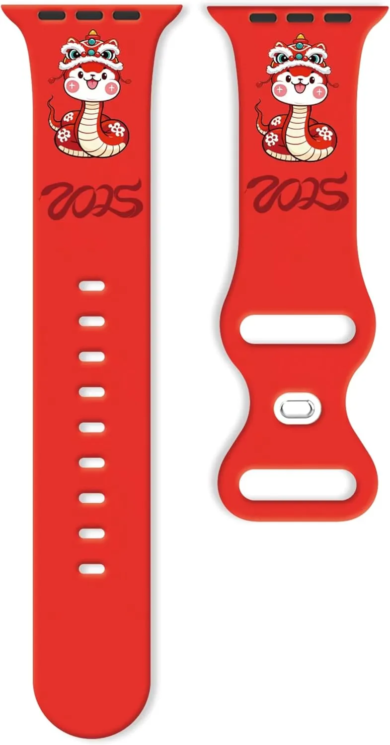 Chic Breathable Happy New Year Pattern Bands Compatible with Apple Watch 38mm 40mm 41mm 42mm 44mm 45mm 46mm 49mm, Adjustable Soft Silicone Sports Wristband Strap Replacement for iWatch Ultra SE & Series 10/9/8/7/6/5/4/3/2/1