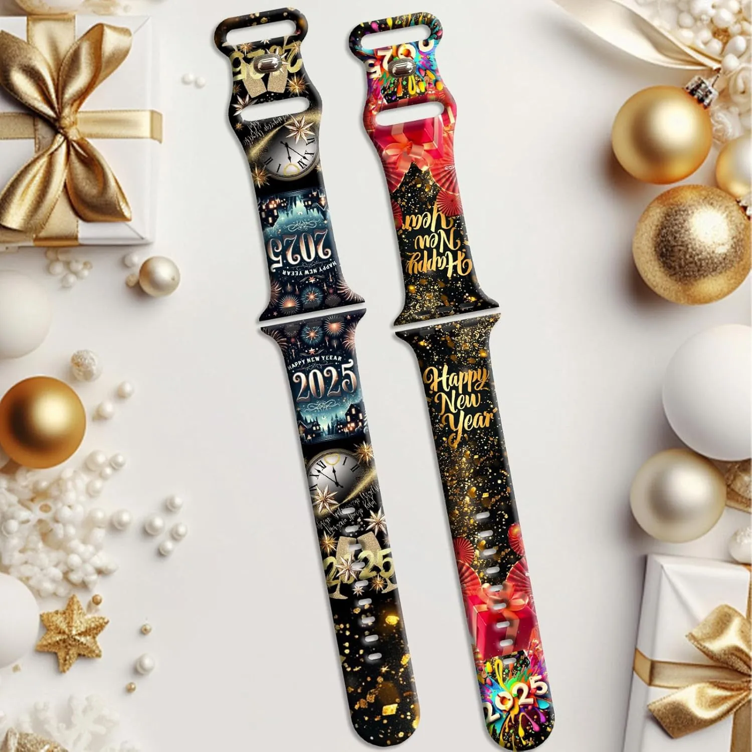 Chic Breathable Happy New Year Pattern Bands Compatible with Apple Watch 38mm 40mm 41mm 42mm 44mm 45mm 46mm 49mm, Adjustable Soft Silicone Sports Wristband Strap Replacement for iWatch Ultra SE & Series 10/9/8/7/6/5/4/3/2/1