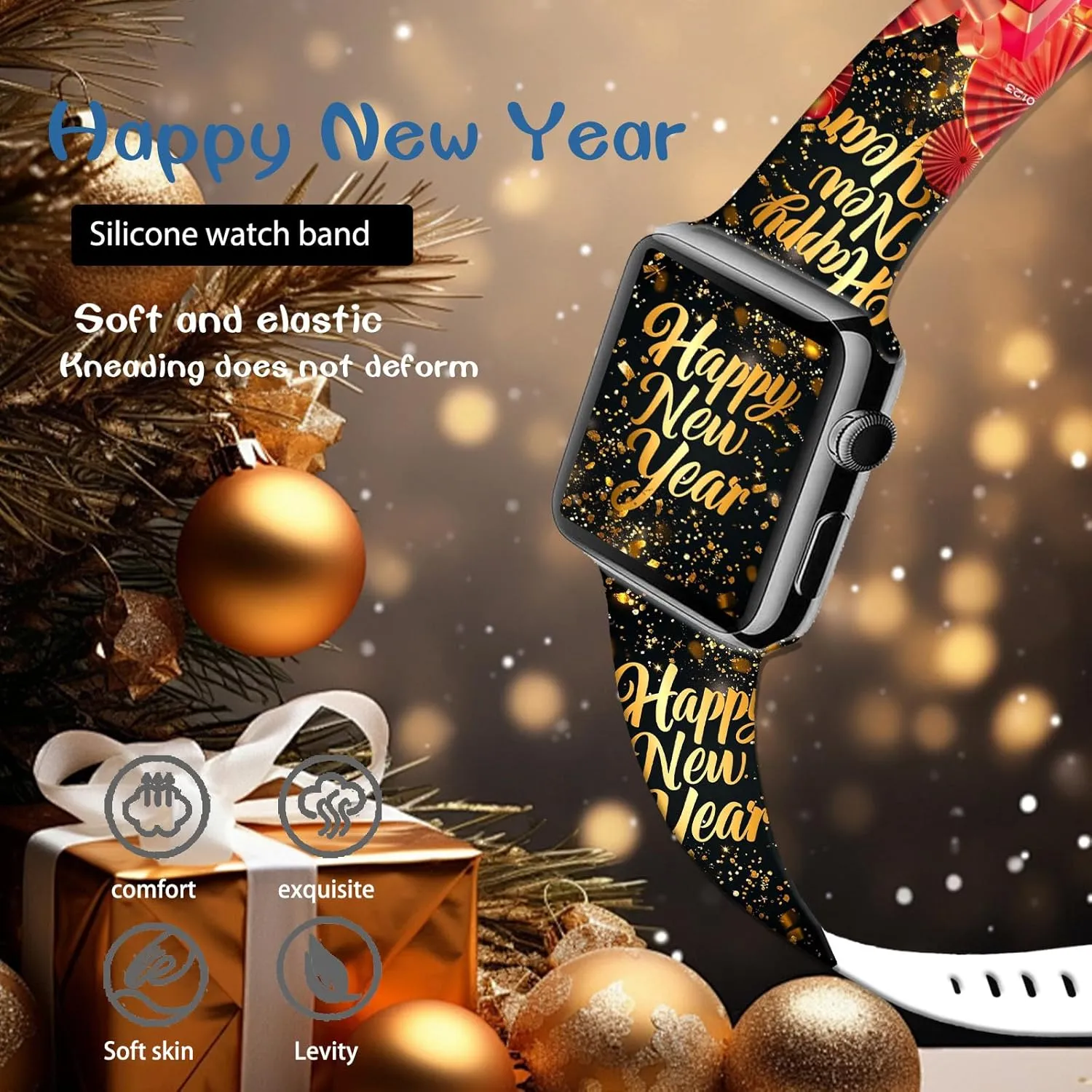 Chic Breathable Happy New Year Pattern Bands Compatible with Apple Watch 38mm 40mm 41mm 42mm 44mm 45mm 46mm 49mm, Adjustable Soft Silicone Sports Wristband Strap Replacement for iWatch Ultra SE & Series 10/9/8/7/6/5/4/3/2/1