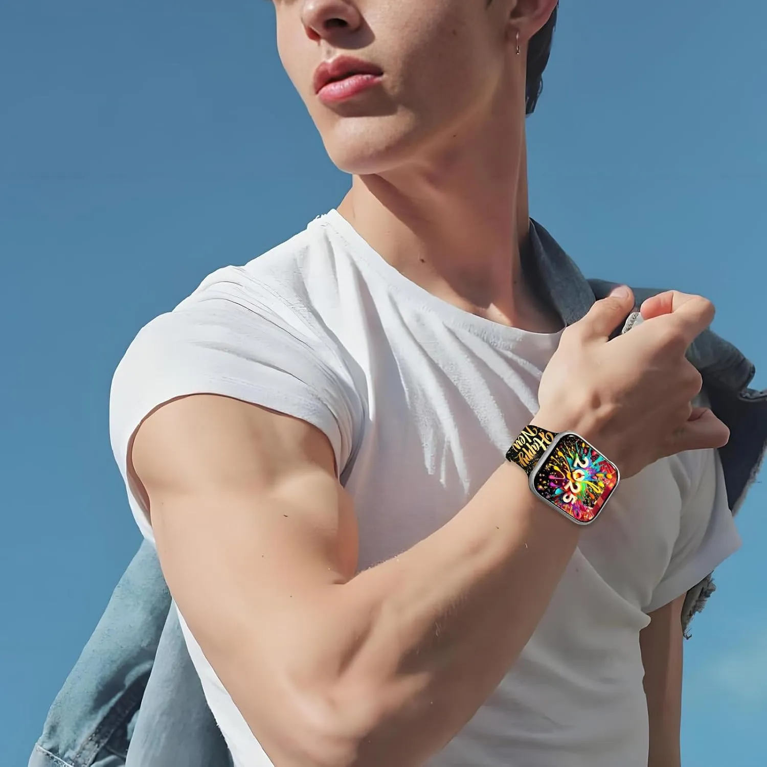 Chic Breathable Happy New Year Pattern Bands Compatible with Apple Watch 38mm 40mm 41mm 42mm 44mm 45mm 46mm 49mm, Adjustable Soft Silicone Sports Wristband Strap Replacement for iWatch Ultra SE & Series 10/9/8/7/6/5/4/3/2/1
