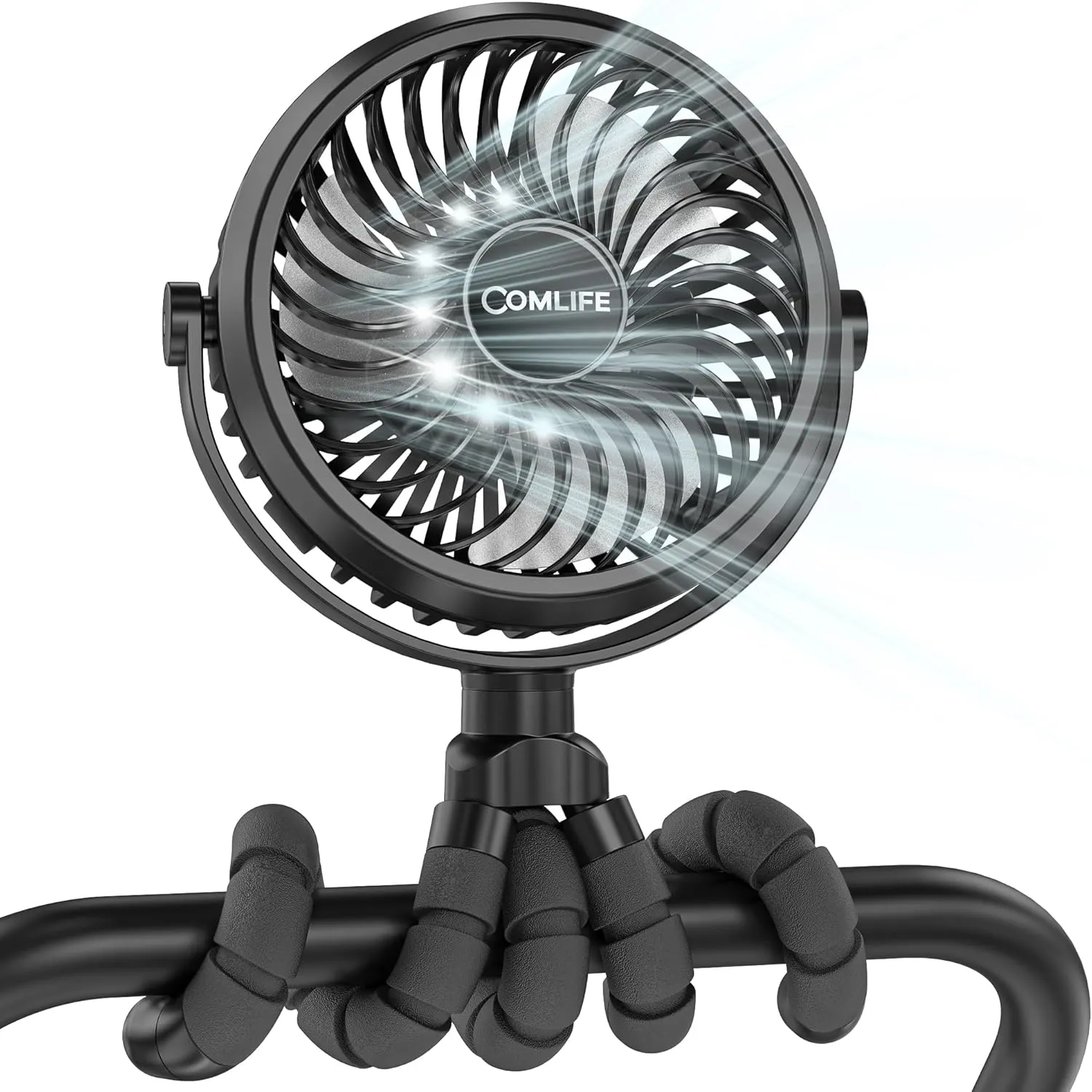 COMLIFE Baby Stroller Fan With Light, Rechargeable Battery Operated, Max 10Hrs Cooling, 3 Speeds, 360 Rotate USB Desk Fan, Flexible Tripod Clip On Fan for Stroller Car Seat Crib Treadmill Golf Cart