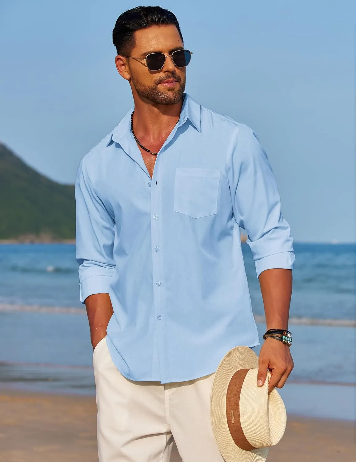 COOFANDY Men's Linen Long Sleeve Shirts Casual Button Down Untucked Shirt Vacation Wedding Shirts with Pocket