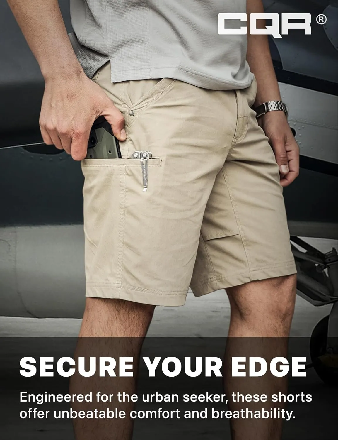 CQR Men's Stretch Utility Shorts, Lightweight Quick Dry Casual Shorts, Hiking Golf Cargo Shorts with Zipper Pockets