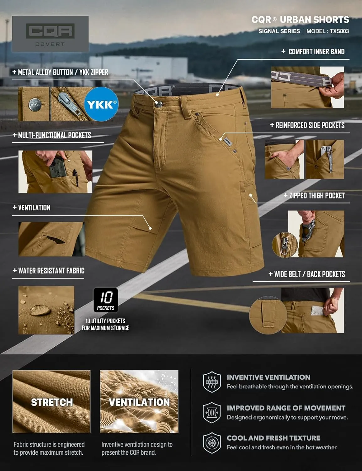 CQR Men's Stretch Utility Shorts, Lightweight Quick Dry Casual Shorts, Hiking Golf Cargo Shorts with Zipper Pockets