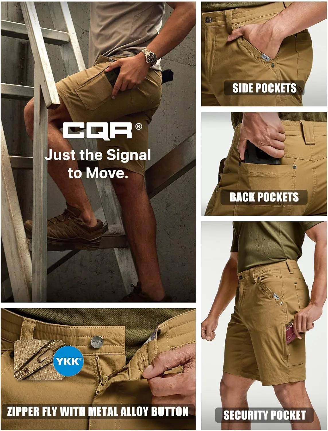 CQR Men's Stretch Utility Shorts, Lightweight Quick Dry Casual Shorts, Hiking Golf Cargo Shorts with Zipper Pockets