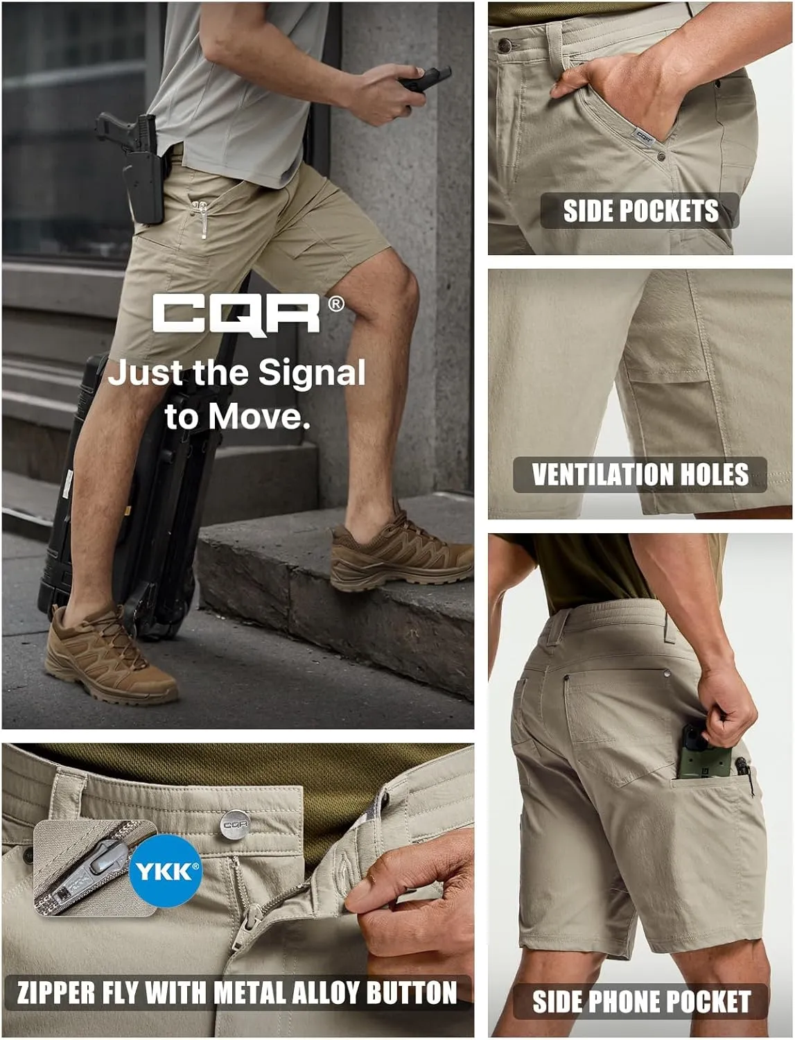 CQR Men's Stretch Utility Shorts, Lightweight Quick Dry Casual Shorts, Hiking Golf Cargo Shorts with Zipper Pockets