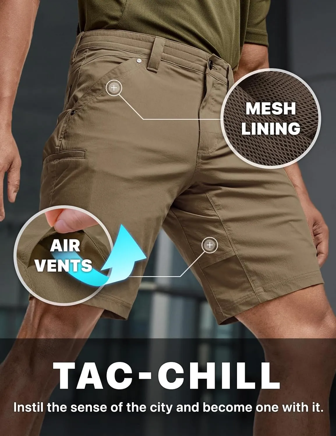 CQR Men's Stretch Utility Shorts, Lightweight Quick Dry Casual Shorts, Hiking Golf Cargo Shorts with Zipper Pockets