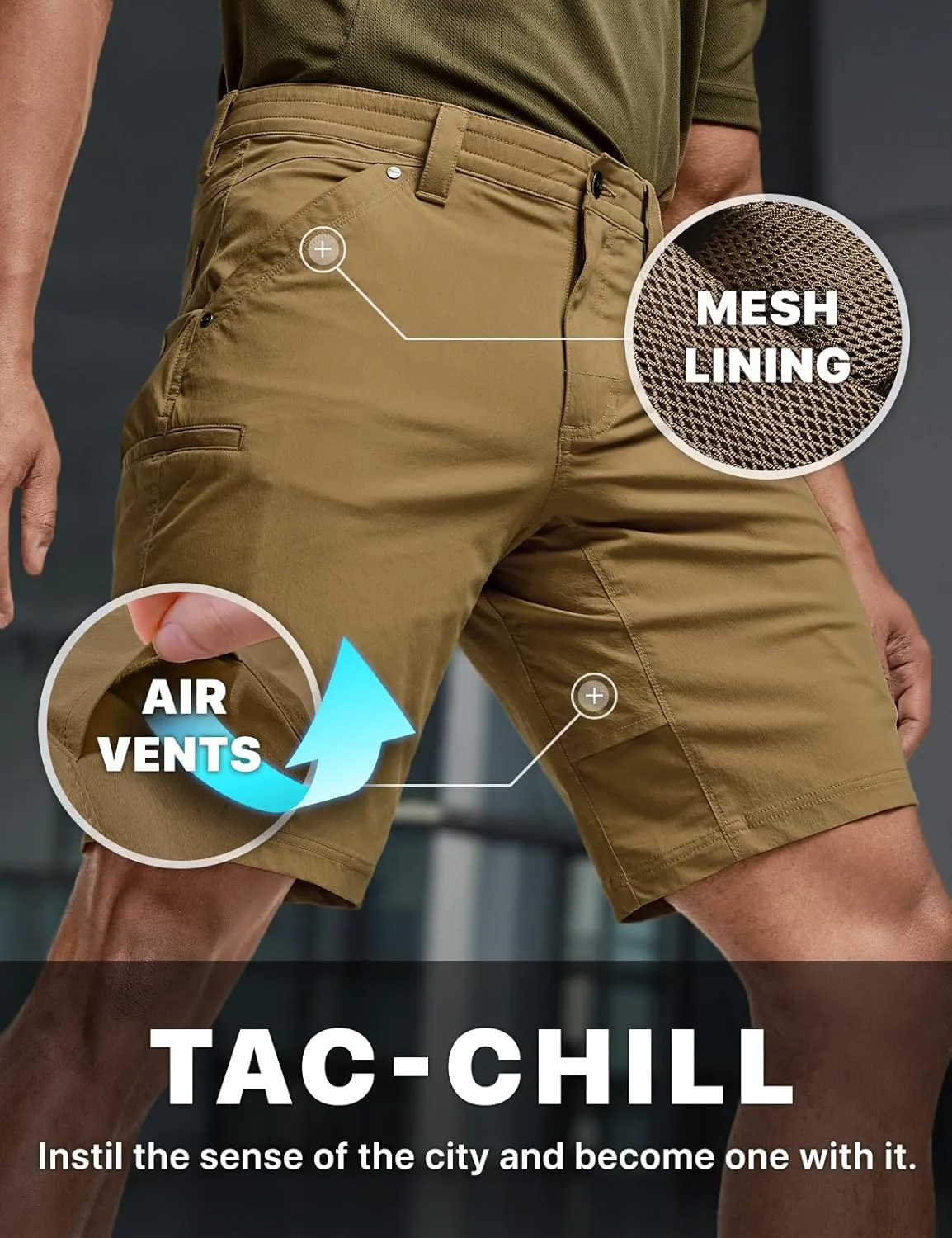 CQR Men's Stretch Utility Shorts, Lightweight Quick Dry Casual Shorts, Hiking Golf Cargo Shorts with Zipper Pockets