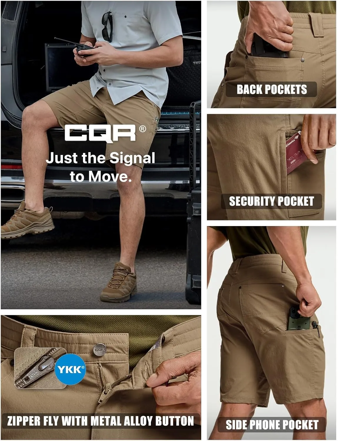 CQR Men's Stretch Utility Shorts, Lightweight Quick Dry Casual Shorts, Hiking Golf Cargo Shorts with Zipper Pockets