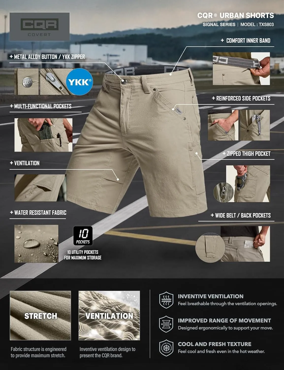 CQR Men's Stretch Utility Shorts, Lightweight Quick Dry Casual Shorts, Hiking Golf Cargo Shorts with Zipper Pockets