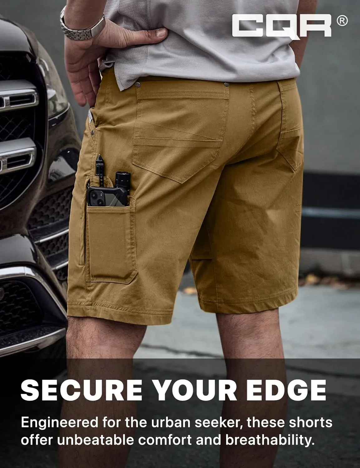 CQR Men's Stretch Utility Shorts, Lightweight Quick Dry Casual Shorts, Hiking Golf Cargo Shorts with Zipper Pockets