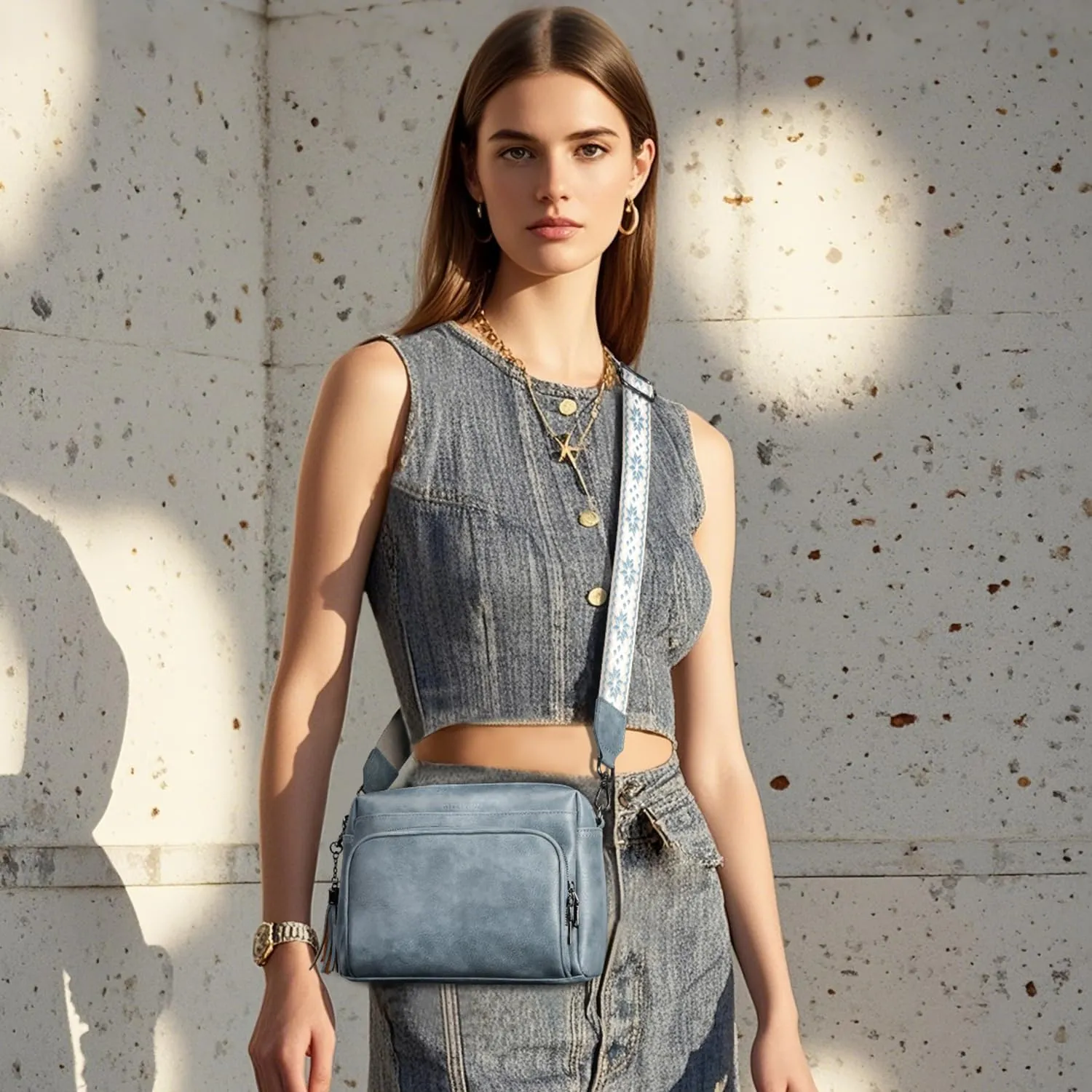Crossbody Bags for Women Lightweight Vegan Leather Crossbody Shoulder Bag Phone Purse with Adjustable Guitar Strap