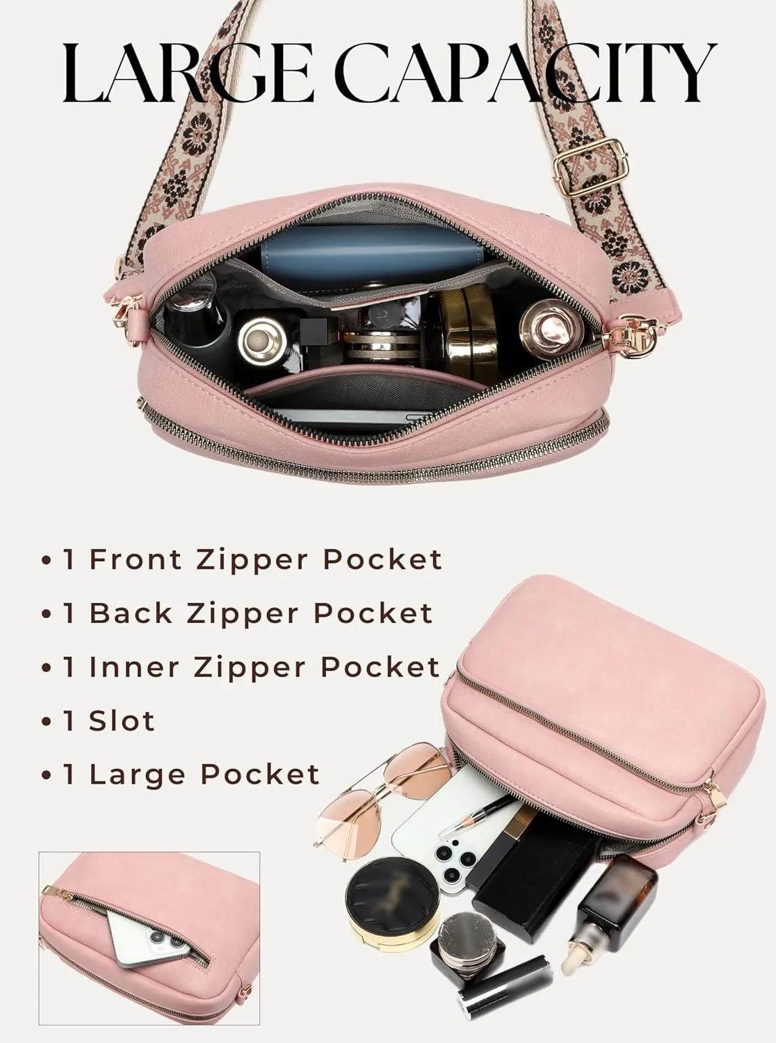 Crossbody Bags for Women, Small Cross Body Purse Vegan Leather Triple Zip Shoulder Handbag with Adjustable Wide Strap