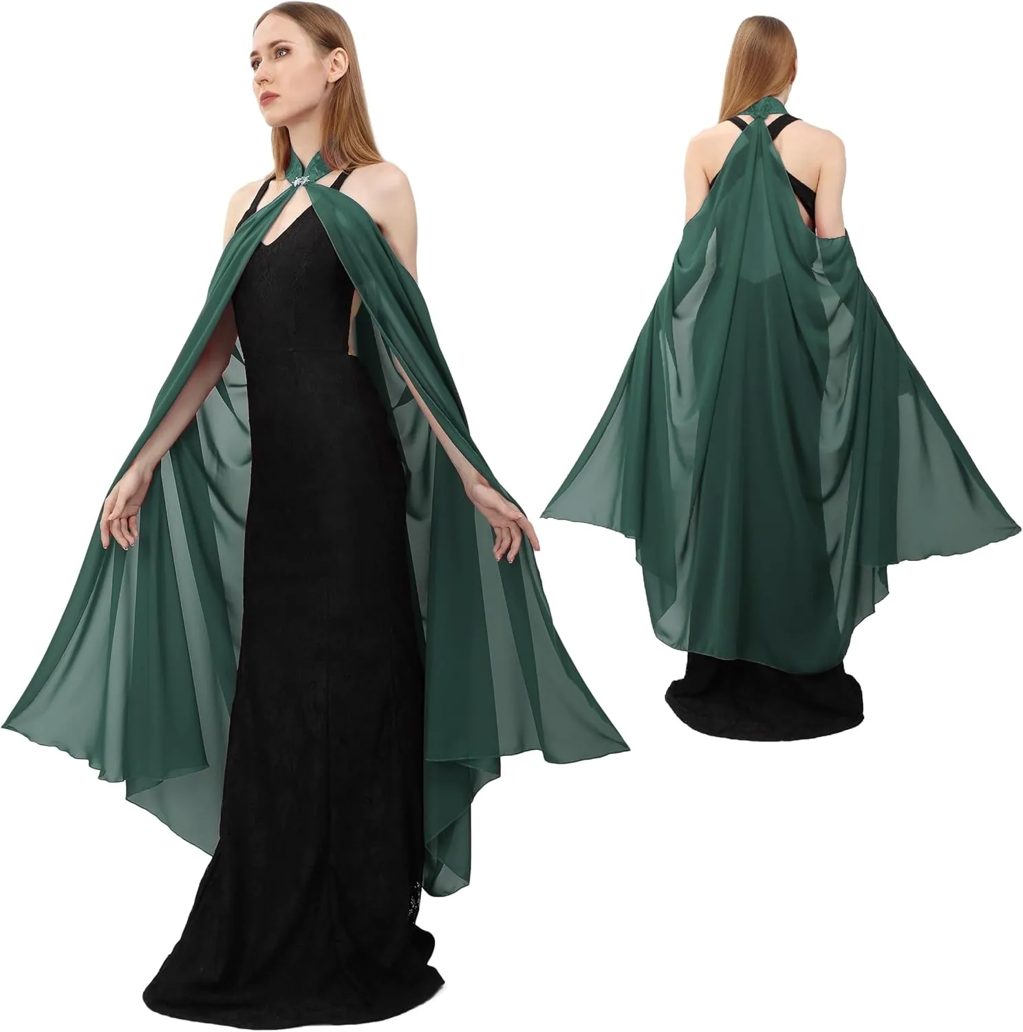 DAZCOS Chiffon Shawls Cape for Women Tulle Cloak for Evening Glamour Dresses Wedding Collared Halter Capelet
