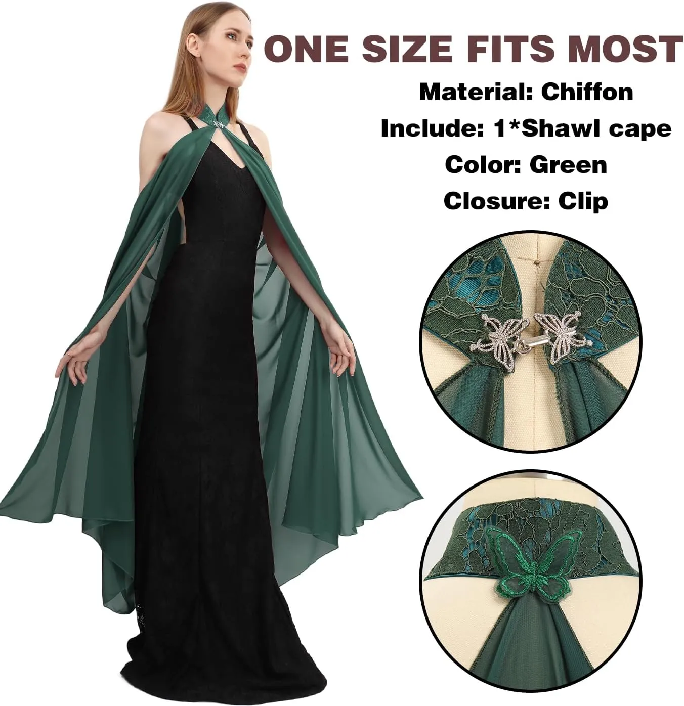 DAZCOS Chiffon Shawls Cape for Women Tulle Cloak for Evening Glamour Dresses Wedding Collared Halter Capelet
