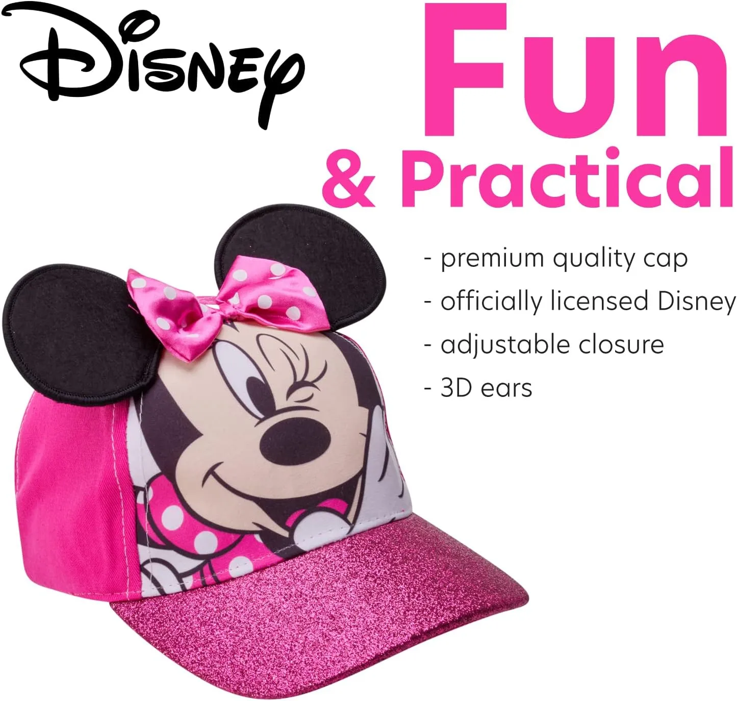Disney Girls Minnie Mouse Glitter Baseball Cap  Minnie Mouse Costume Hat with 3D Ears (2-7)