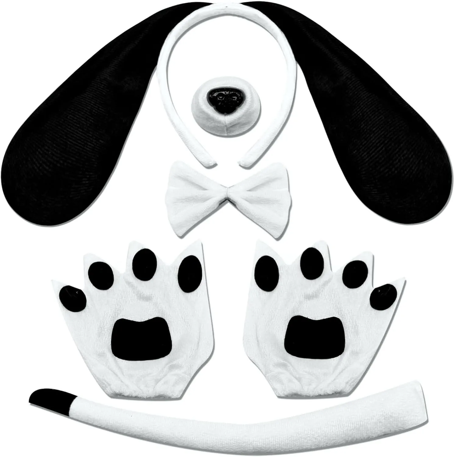 Dog Long Ears Headband - 5PCS Dog Ears Headband Bowtie Nose Tail Puppy Paw Gloves for Adult Women Halloween Costume Floppy Animal Cosplay Party Accessories Set (Black and White)