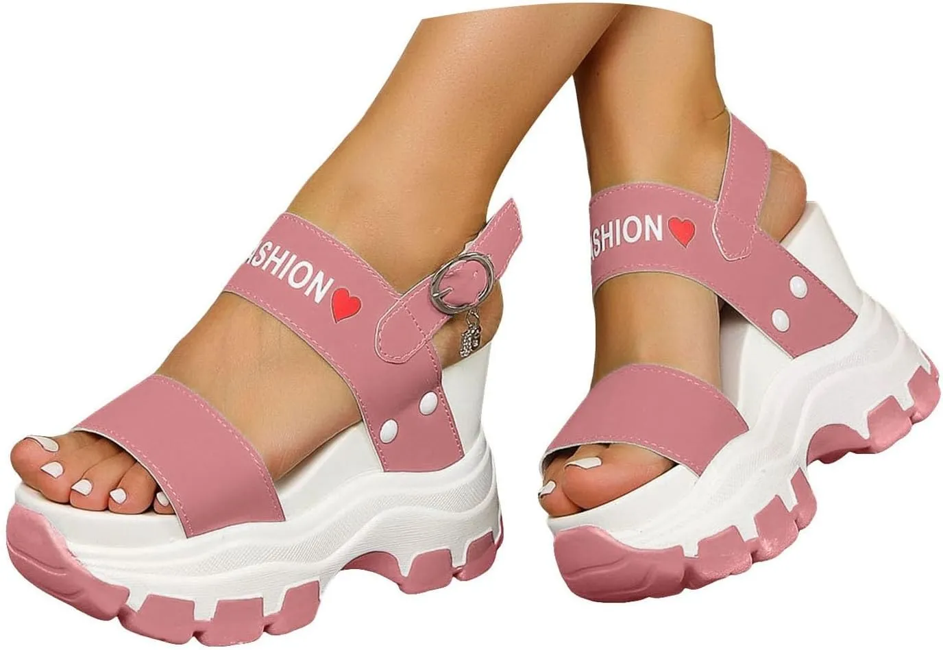 Dressy Sandal Comfortable Walking Women's Wedge Heeled Sandals Platform Open Toe Ankle Strap Metal Buckled Sandals