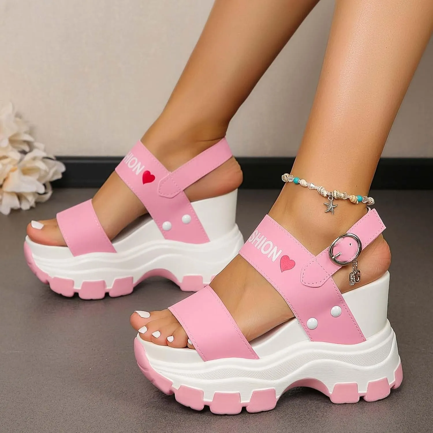Dressy Sandal Comfortable Walking Women's Wedge Heeled Sandals Platform Open Toe Ankle Strap Metal Buckled Sandals