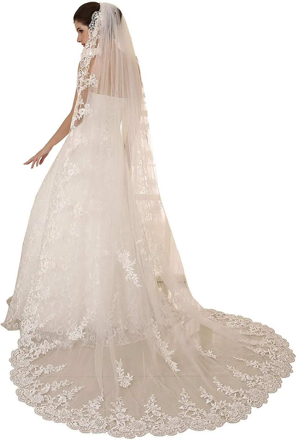 EllieHouse Women's Wedding Veils 1 Tier White Ivory 3M/4M/5M Lace Long Train Bridal Veil with Comb S114