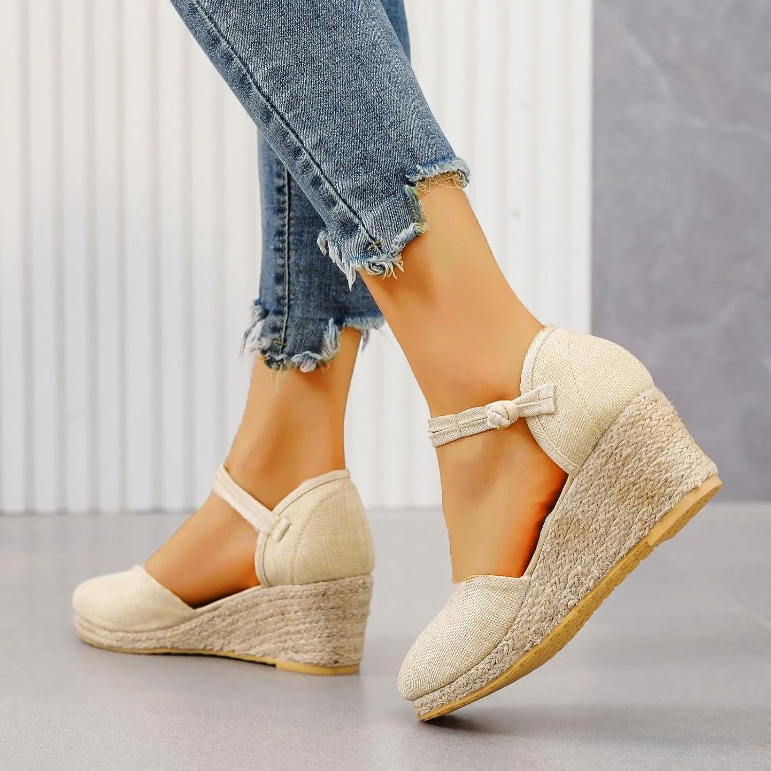 Espadrilles Wedges for Women Comfortable Casual Slip On Wide Width Wedge Sandals Closed Toe Soft Cushion Platform Wedge Sandals Fashion Strappy Ankle Strap Espadrille Shoes