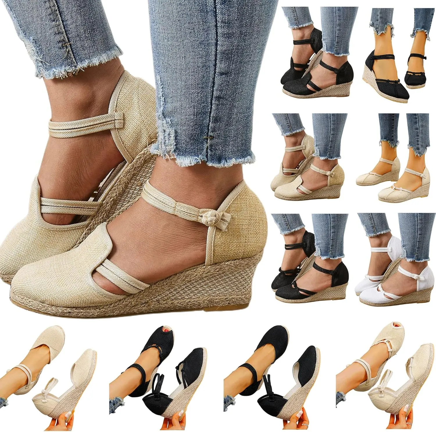 Espadrilles Wedges for Women Comfortable Casual Slip On Wide Width Wedge Sandals Closed Toe Soft Cushion Platform Wedge Sandals Fashion Strappy Ankle Strap Espadrille Shoes