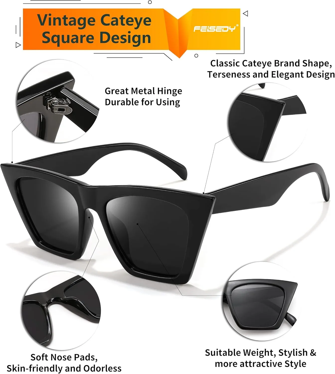 FEISEDY Vintage Square Cat Eye Sunglasses Women Trendy Cateye Sunglasses B2473