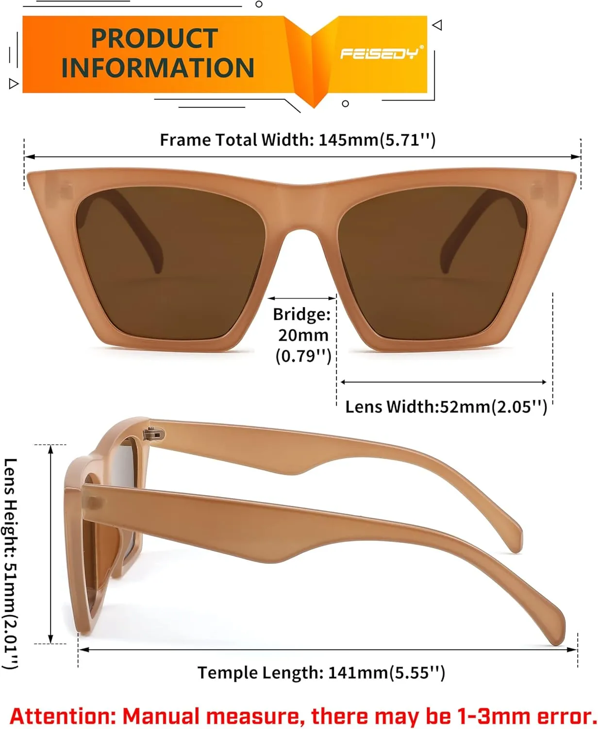 FEISEDY Vintage Square Cat Eye Sunglasses Women Trendy Cateye Sunglasses B2473