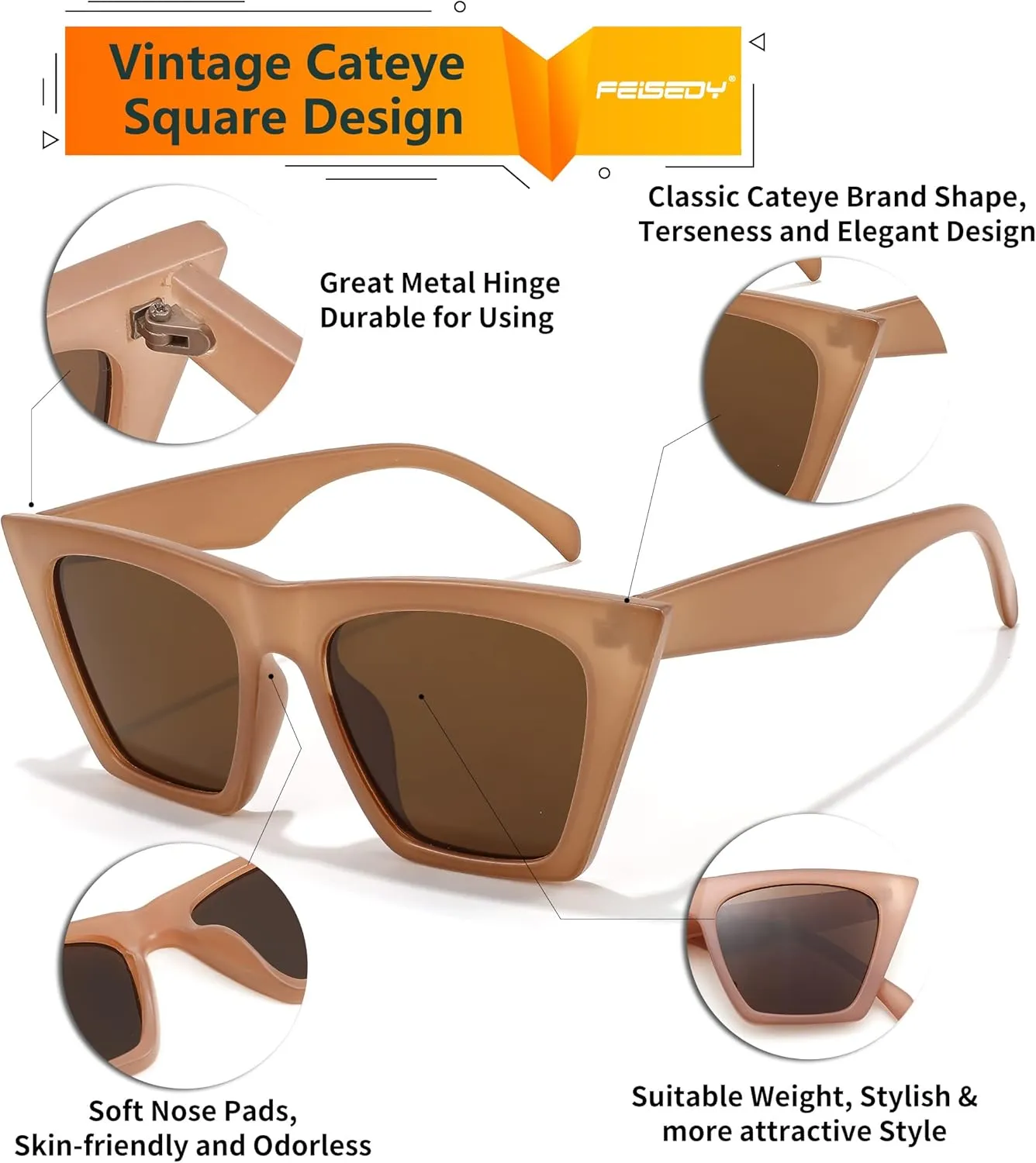 FEISEDY Vintage Square Cat Eye Sunglasses Women Trendy Cateye Sunglasses B2473
