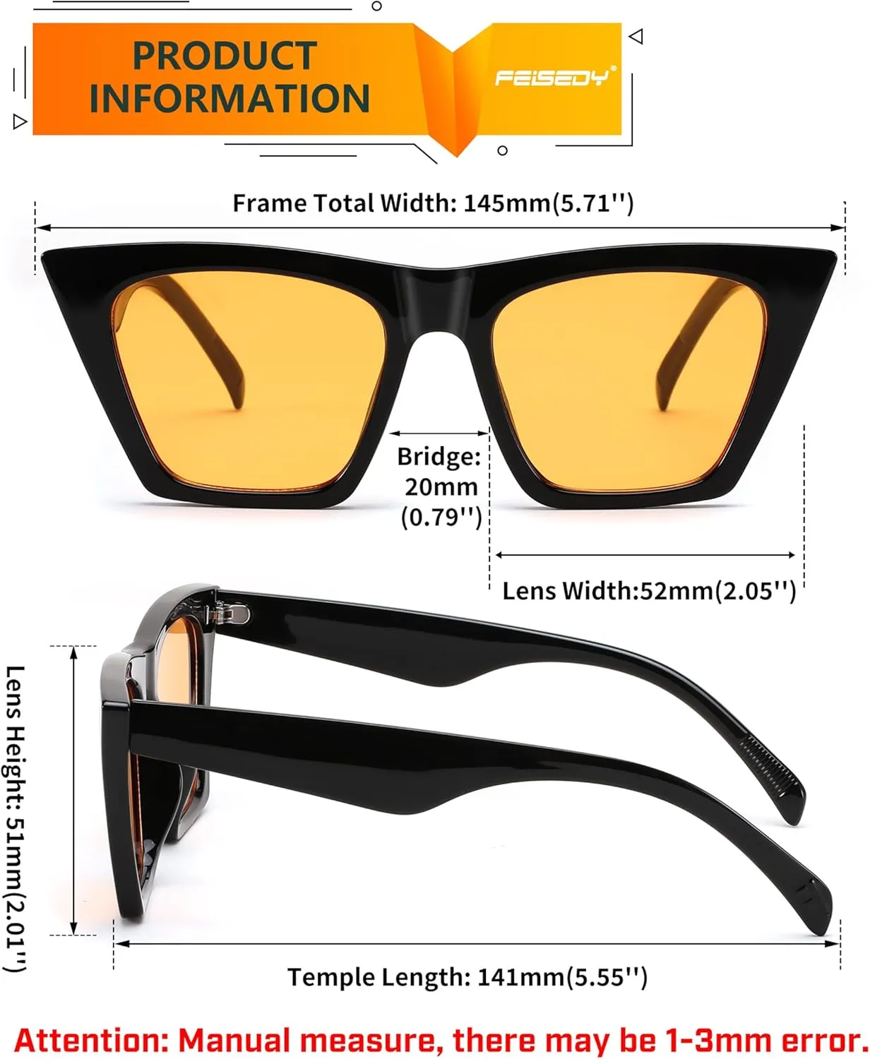 FEISEDY Vintage Square Cat Eye Sunglasses Women Trendy Cateye Sunglasses B2473