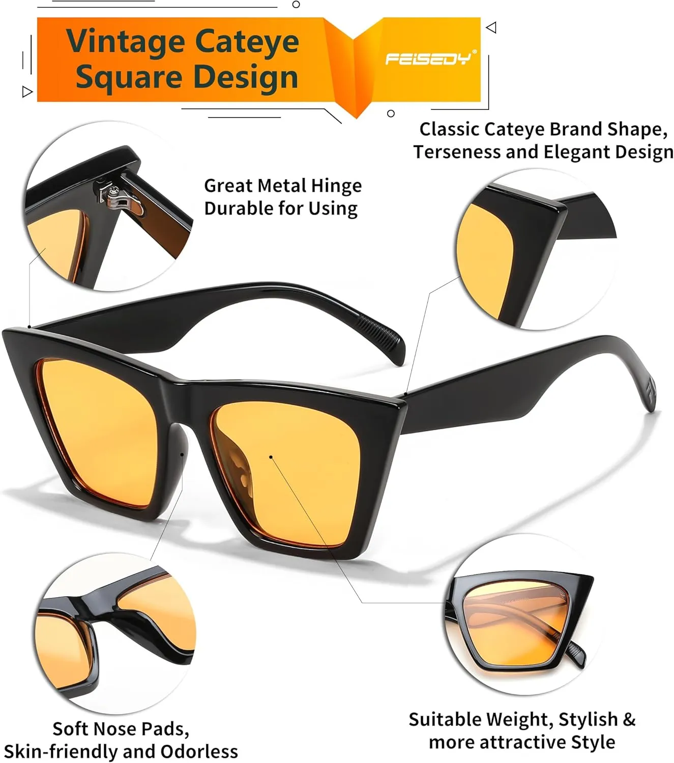 FEISEDY Vintage Square Cat Eye Sunglasses Women Trendy Cateye Sunglasses B2473