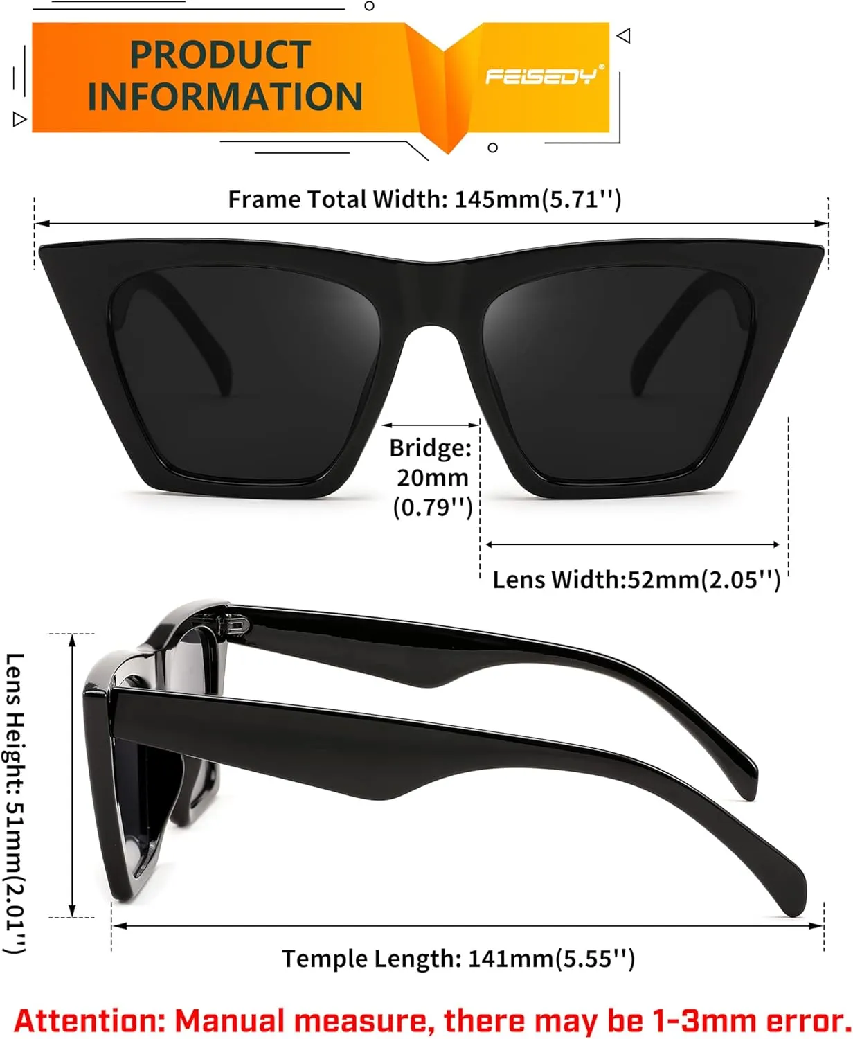 FEISEDY Vintage Square Cat Eye Sunglasses Women Trendy Cateye Sunglasses B2473