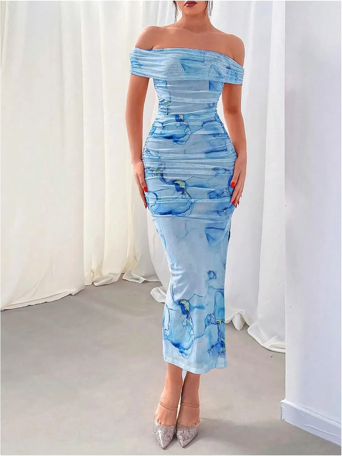 Floerns Women's Floral Print Off Shoulder Short Sleeve Ruched Bodycon Long Dress
