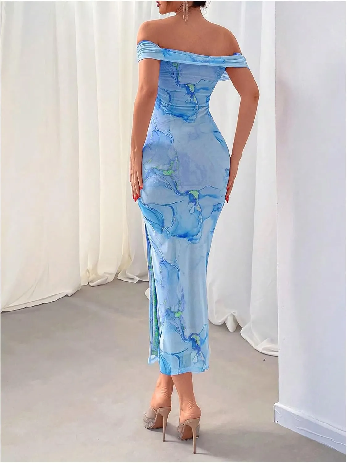 Floerns Women's Floral Print Off Shoulder Short Sleeve Ruched Bodycon Long Dress
