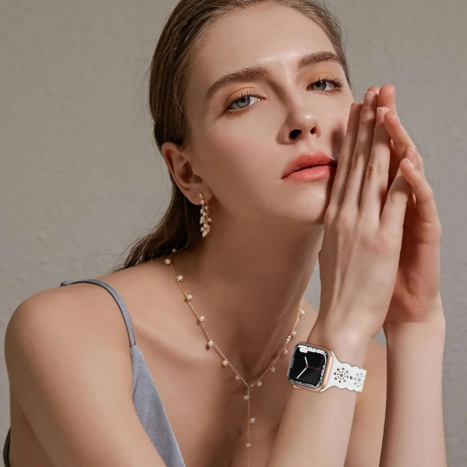 Floral Silicone Band Compatible with Apple Watch Bands 38mm 40mm 42mm 44mm 41mm 45mm 49mm Women Men, Slim Hollow-Out Design Wristbands Soft Sport Breathable Watch Bands for iWatch Ultra SE Series 9/8/7/6/5/4/3/2/1
