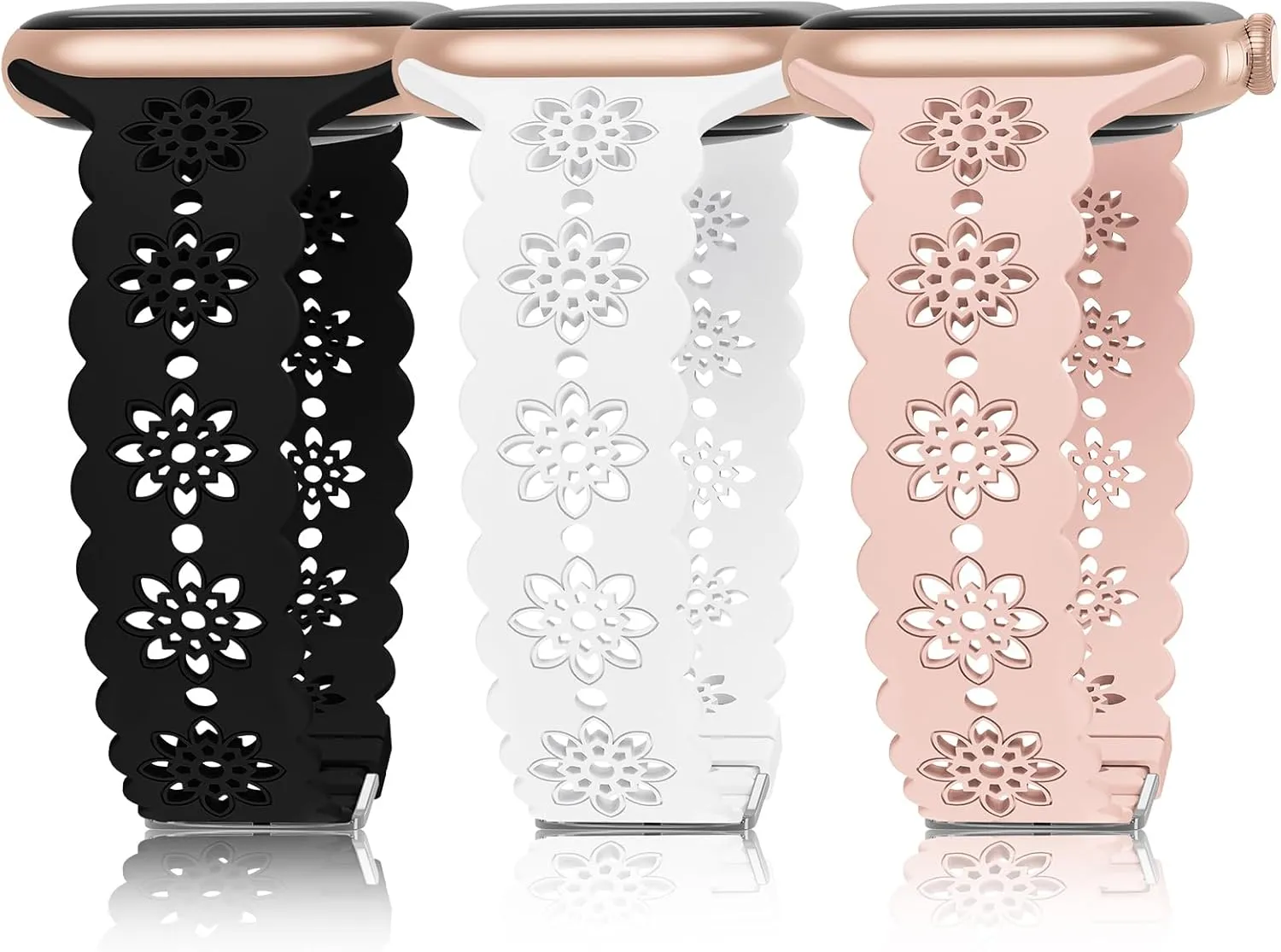 Floral Silicone Band Compatible with Apple Watch Bands 38mm 40mm 42mm 44mm 41mm 45mm 49mm Women Men, Slim Hollow-Out Design Wristbands Soft Sport Breathable Watch Bands for iWatch Ultra SE Series 9/8/7/6/5/4/3/2/1
