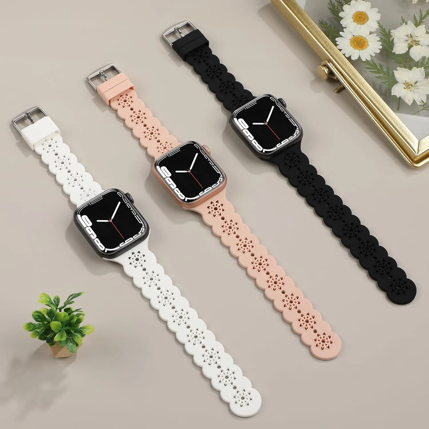 Floral Silicone Band Compatible with Apple Watch Bands 38mm 40mm 42mm 44mm 41mm 45mm 49mm Women Men, Slim Hollow-Out Design Wristbands Soft Sport Breathable Watch Bands for iWatch Ultra SE Series 9/8/7/6/5/4/3/2/1