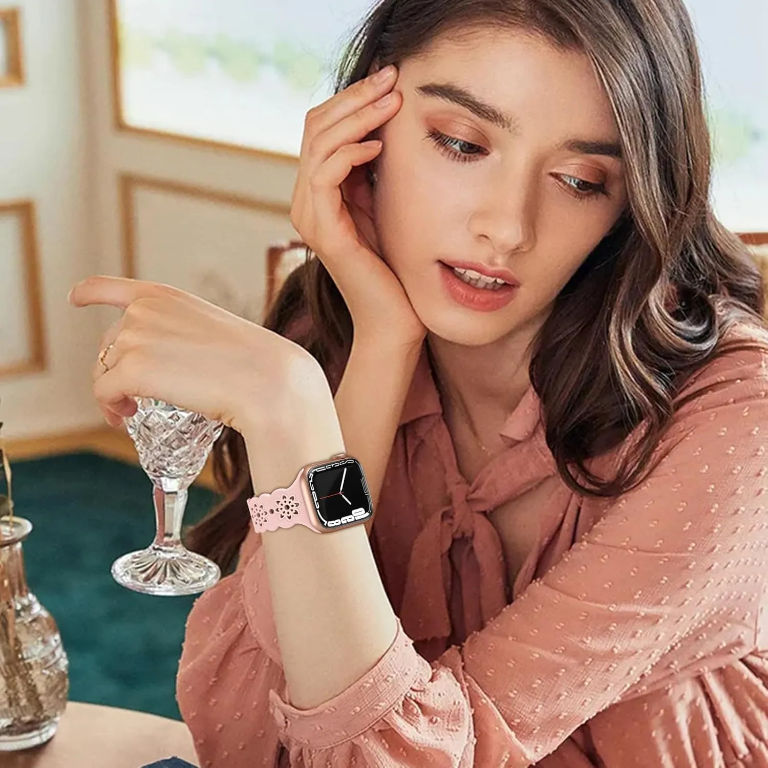 Floral Silicone Band Compatible with Apple Watch Bands 38mm 40mm 42mm 44mm 41mm 45mm 49mm Women Men, Slim Hollow-Out Design Wristbands Soft Sport Breathable Watch Bands for iWatch Ultra SE Series 9/8/7/6/5/4/3/2/1