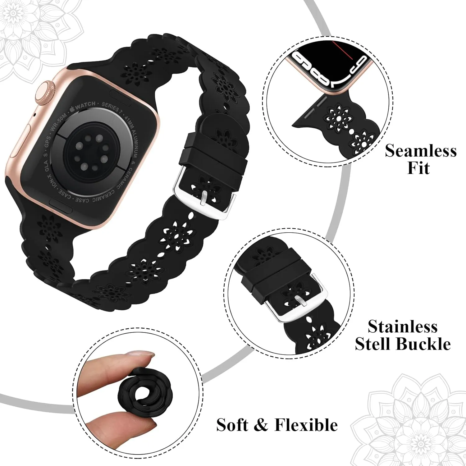 Floral Silicone Band Compatible with Apple Watch Bands 38mm 40mm 42mm 44mm 41mm 45mm 49mm Women Men, Slim Hollow-Out Design Wristbands Soft Sport Breathable Watch Bands for iWatch Ultra SE Series 9/8/7/6/5/4/3/2/1
