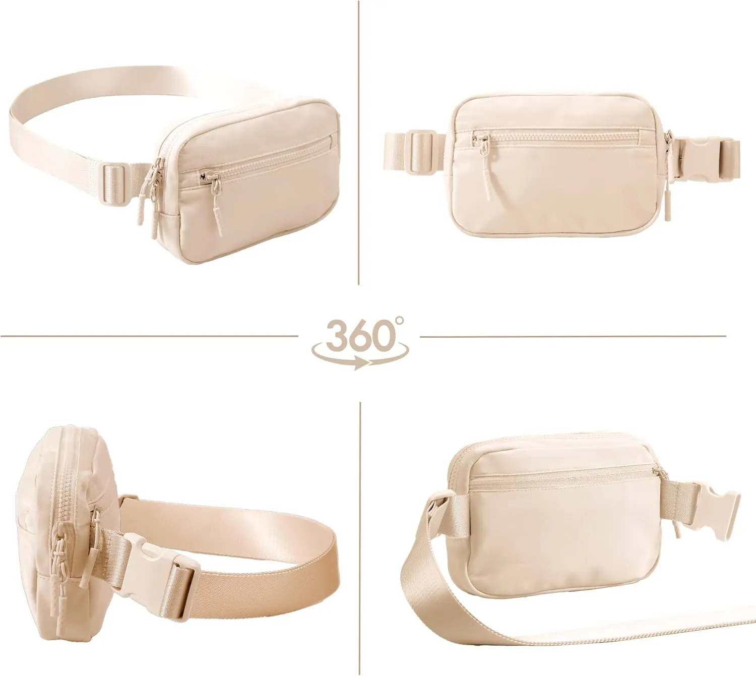 FORZAROCKET Essential Belt Bag w/Long Strap 70" & Front Zip Pocket  Crossbody Bag w/Extended Strap  Fanny Pack for Women Men  Two-Way Zipper Sling Bag  Travel & Plus Size Friendly, Beige
