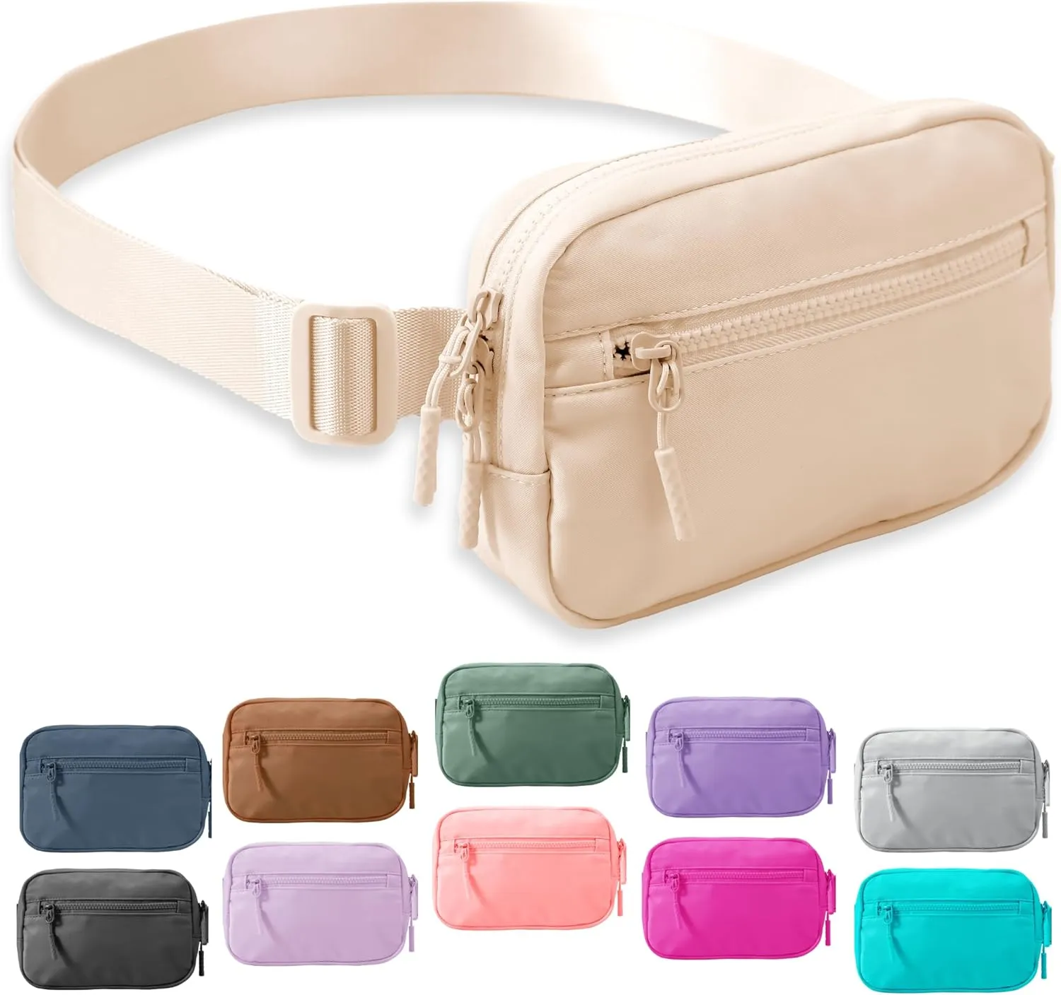 FORZAROCKET Essential Belt Bag w/Long Strap 70" & Front Zip Pocket  Crossbody Bag w/Extended Strap  Fanny Pack for Women Men  Two-Way Zipper Sling Bag  Travel & Plus Size Friendly, Beige