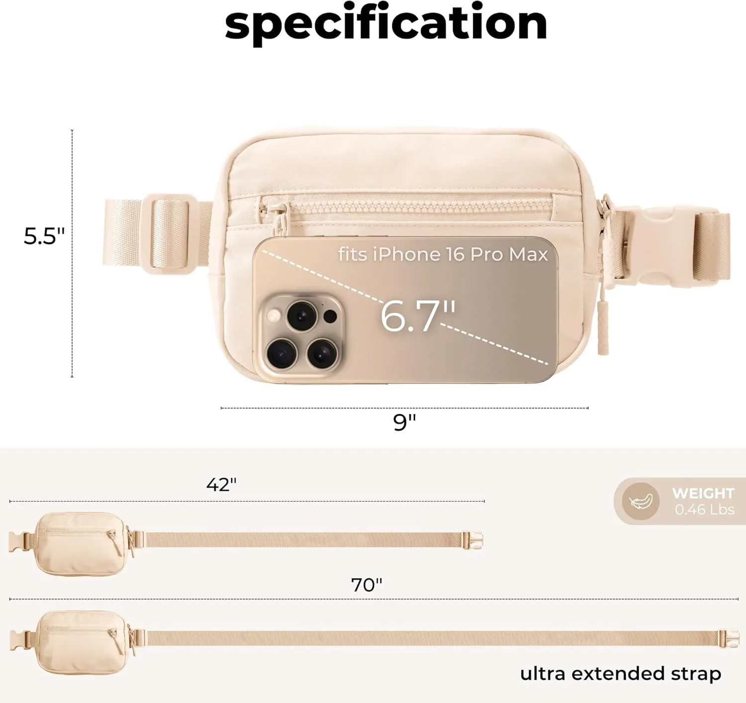 FORZAROCKET Essential Belt Bag w/Long Strap 70" & Front Zip Pocket  Crossbody Bag w/Extended Strap  Fanny Pack for Women Men  Two-Way Zipper Sling Bag  Travel & Plus Size Friendly, Beige